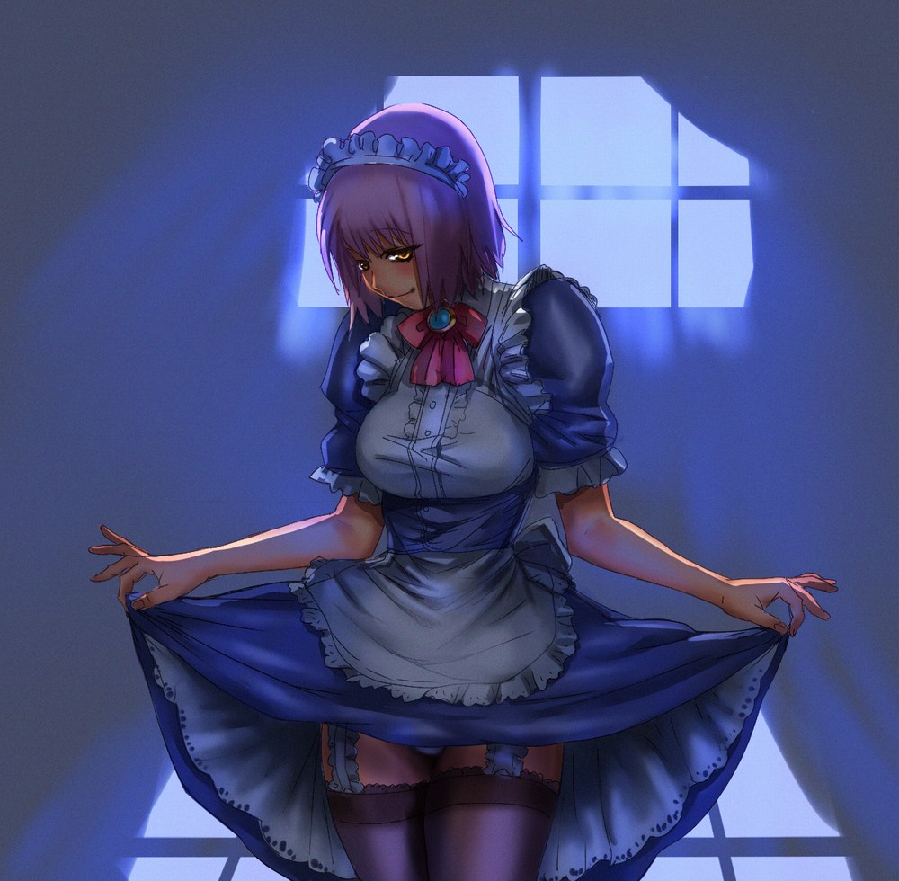 bow (bhp), original, 1girl, brown eyes, clothes lift, curtsey, dress, dress lift, female focus, garter belt, maid, purple hair, short hair, skirt hold, smile, solo, thighhighs