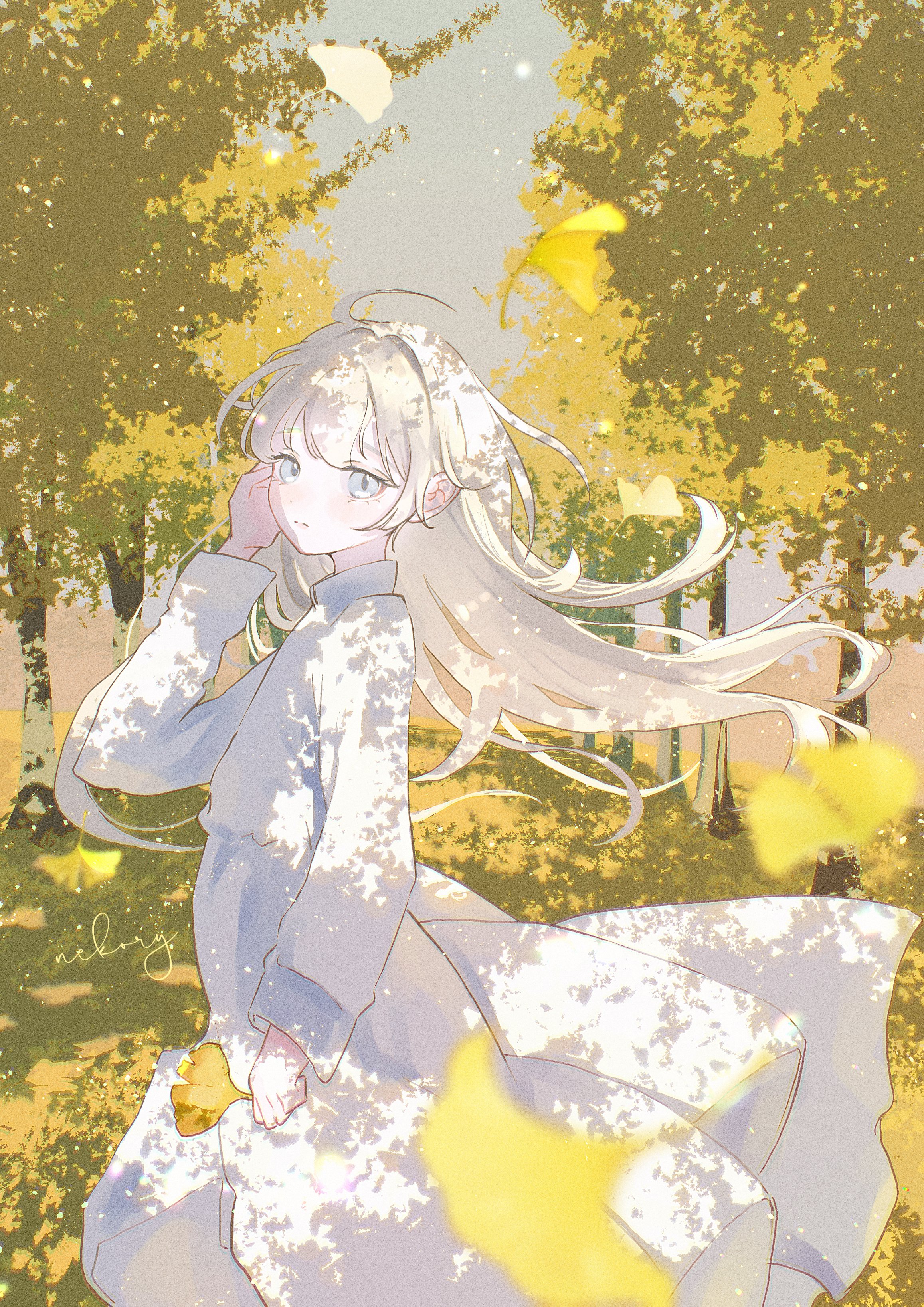 original, absurdres, highres, 1girl, ahoge, blonde hair, blush, dress, falling leaves, ginkgo leaf, grey eyes, holding, leaf, long hair, long sleeves, looking at viewer, nature, nekory, outdoors, parted lips, signature, solo, tree, white dress, wind