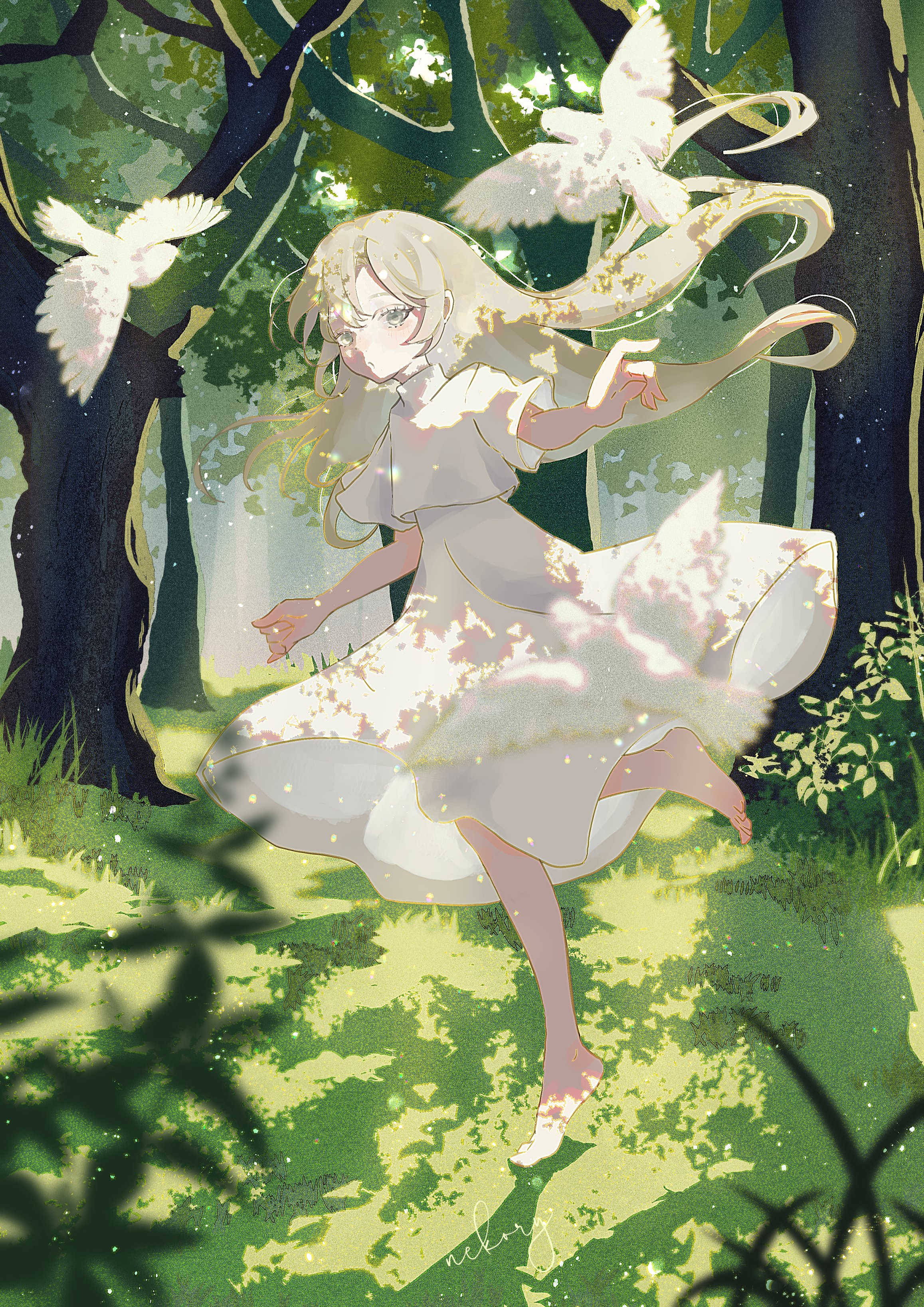 original, absurdres, highres, 1girl, barefoot, bird, blonde hair, dappled sunlight, dove, dress, floating hair, forest, full body, grass, grey eyes, light particles, long hair, looking at viewer, nature, nekory, outdoors, short sleeves, solo, standing, standing on one leg, sunlight, tree, white bird, white dress