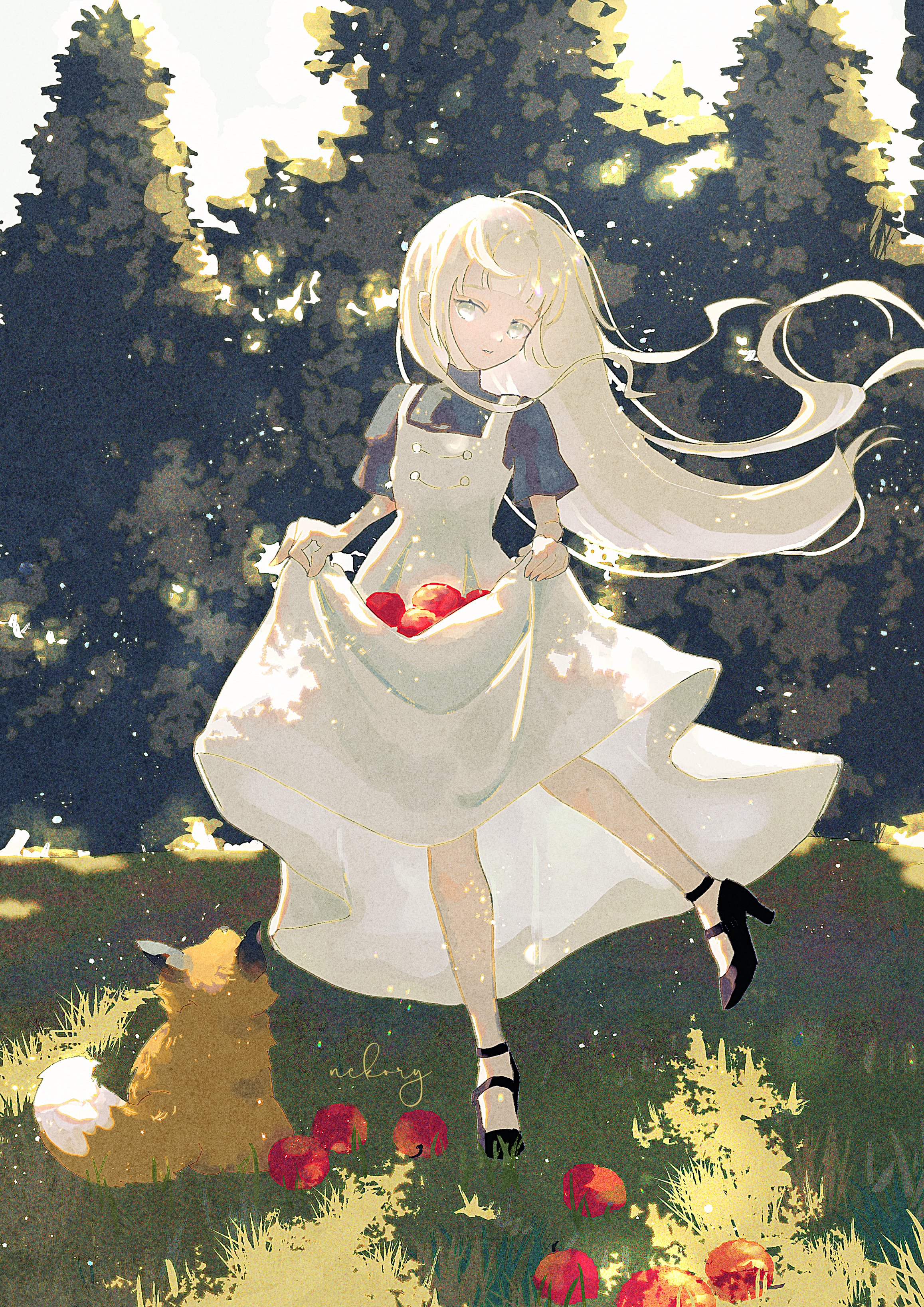 original, absurdres, highres, 1girl, apple, blue shirt, dress, floating hair, food, fox, fruit, full body, grass, high heels, long hair, looking at viewer, nekory, outdoors, shirt, short sleeves, signature, skirt basket, skirt hold, sleeveless, sleeveless dress, solo, standing, standing on one leg, white dress, white hair