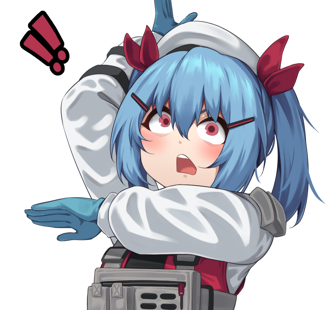 act (xadachit), colphne (girls' frontline 2), girls' frontline, girls' frontline 2: exilium, gundam, gundam gquuuuuux, commentary, english commentary, !, !!, 1girl, arm up, beret, blue hair, blush, hair between eyes, hat, jacket, open mouth, pink eyes, scene reference, short hair, simple background, solo, teeth, upper body, upper teeth only, white background, white hat, white jacket