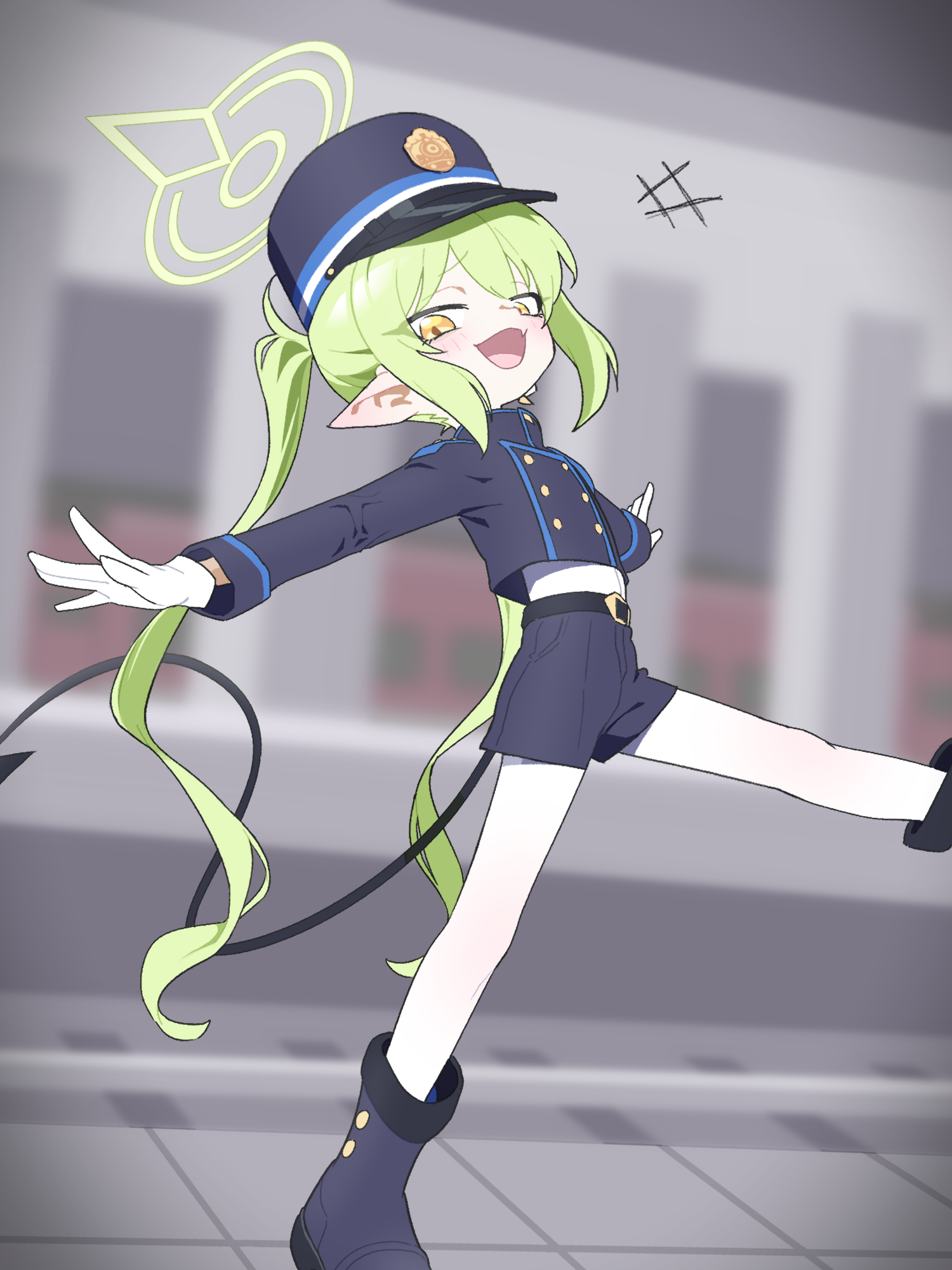 ishikoro24, nozomi (blue archive), blue archive, commentary request, highres, korean commentary, +++, 1girl, :d, belt, black belt, black boots, black hat, black jacket, black shorts, blurry, blurry background, boots, buttons, cropped jacket, demon tail, double-breasted, fang, gloves, green hair, green halo, halo, hat, jacket, long hair, long sleeves, looking at viewer, open mouth, outstretched arms, pantyhose, peaked cap, pointy ears, shirt, short shorts, shorts, skin fang, smile, solo, spread arms, tail, train, twintails, very long hair, white gloves, white pantyhose, white shirt, yellow eyes