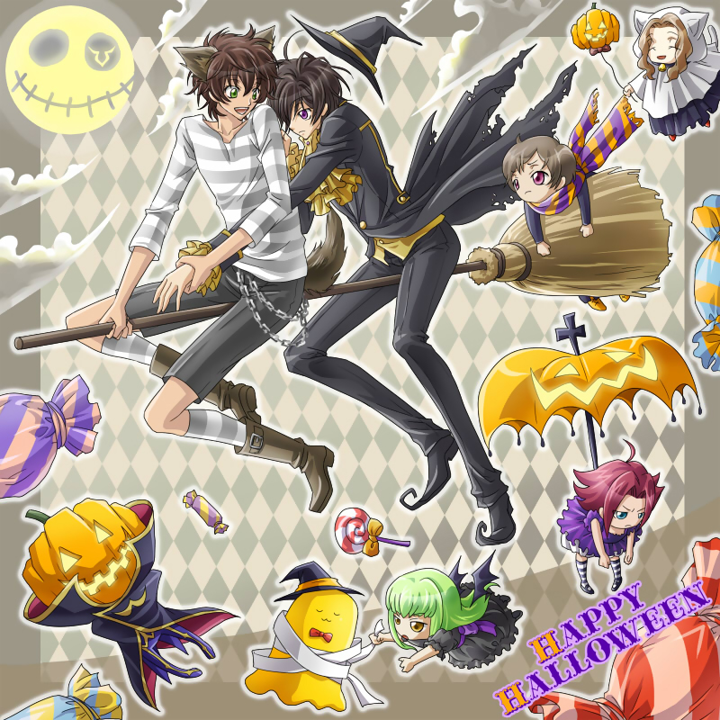 touya (artist), touya (roukaku), c.c., cheese-kun, kururugi suzaku, lelouch vi britannia, nunnally vi britannia, rolo lamperouge, code geass, pizza hut, md5 mismatch, 00s, 3boys, 3girls, animal ears, broom, broom riding, chibi, halloween, happy halloween, hat, multiple boys, multiple girls, multiple riders, tail, wolf ears