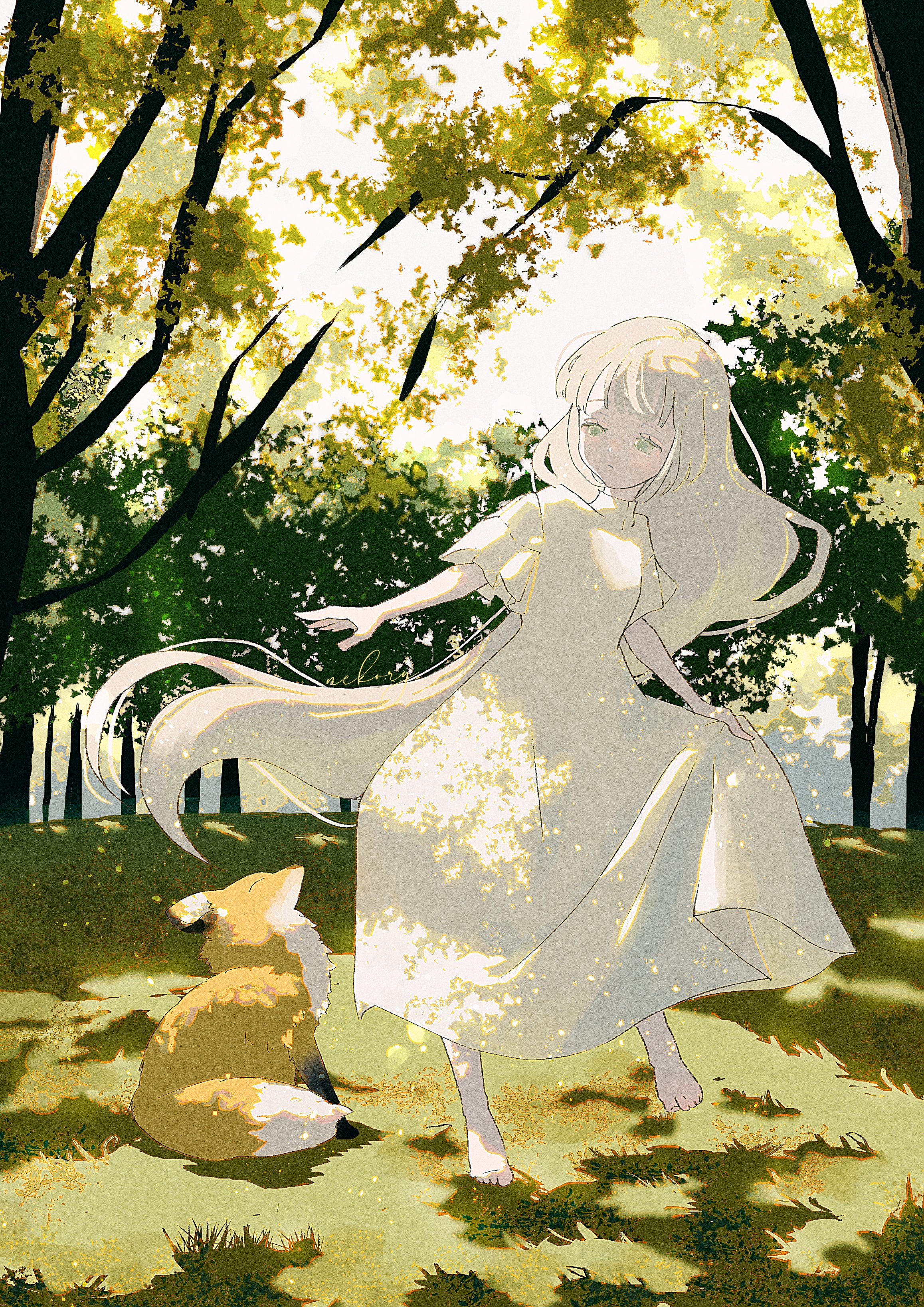 original, absurdres, highres, 1girl, barefoot, closed mouth, dappled sunlight, day, dress, fox, grass, green eyes, long hair, looking at animal, nature, nekory, outdoors, short sleeves, skirt hold, solo, standing, sunlight, tree, tree shade, very long hair, white dress, white hair