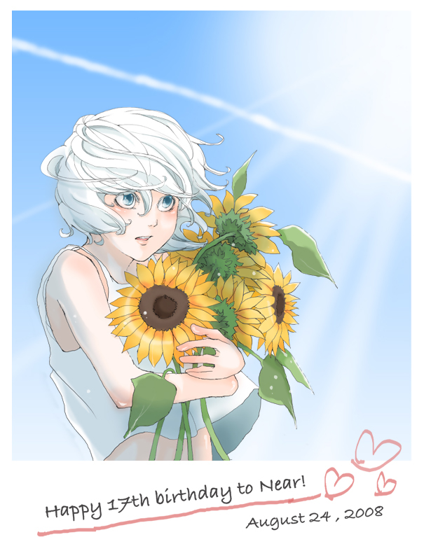 tamako, tamako (a3sk encoma), near (death note), death note, bad id, bad pixiv id, 00s, 1boy, blue eyes, blush, flower, male focus, solo, sunflower, white hair