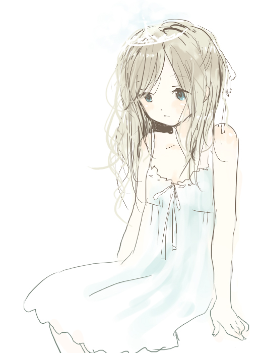 yoshioka mitsuko, tagme, blue eyes, brown hair, dress, long hair, sketch, solo
