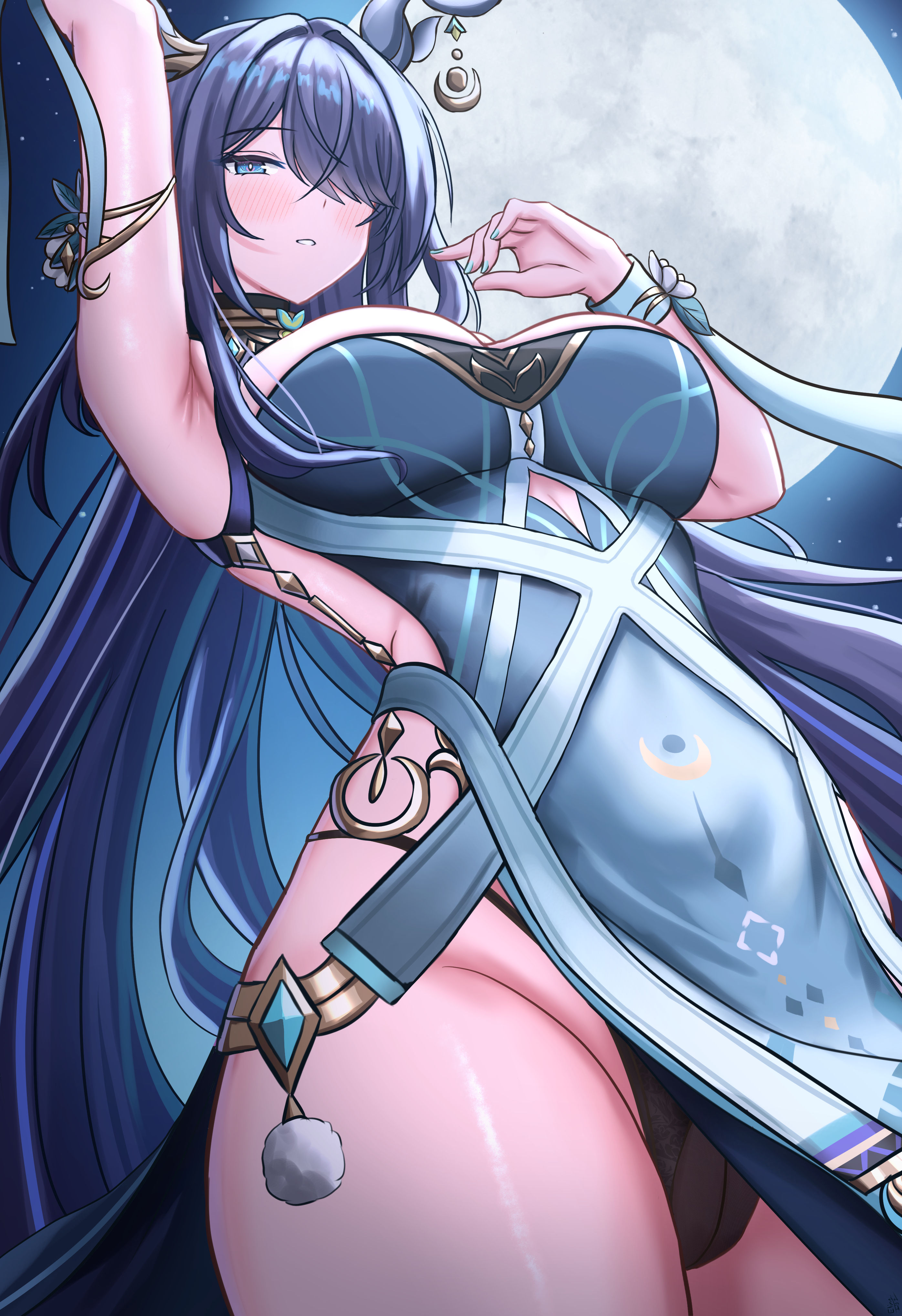 elina (eri15), lauma (genshin impact), genshin impact, absurdres, commentary, highres, paid reward available, 1girl, arm up, blue dress, blue eyes, blue hair, blush, breasts, dress, full moon, hair over one eye, hand up, large breasts, long hair, looking at viewer, moon, night, parted lips, sleeveless, sleeveless dress, solo, very long hair