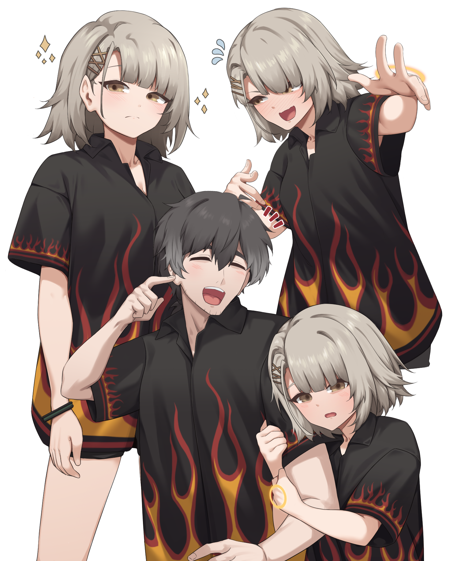 act (xadachit), commander (girls' frontline), vector (girls' frontline), vector (girls' frontline 2), girls' frontline, girls' frontline 2: exilium, real life, commentary, english commentary, highres, 1boy, 1girl, black hair, black shirt, blush, brown hair, closed eyes, closed mouth, collared shirt, cosplay, covenant halo (girls' frontline 2), dated commentary, dress shirt, flame print, flying sweatdrops, guy fieri, guy fieri (cosplay), hair ornament, hairpin, holding another's arm, looking at viewer, multiple views, open mouth, shirt, short hair, simple background, sparkle, white background, x hair ornament, yellow eyes