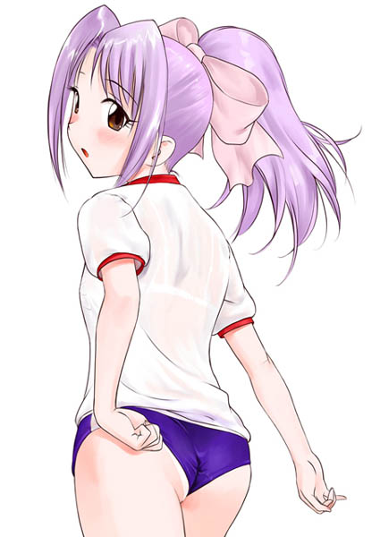 hechi, koigakubo momoko, gakkou no kaidan (anime), 00s, 1girl, adjusting buruma, adjusting clothes, ass, blush, bow, buruma, female focus, from behind, gym uniform, hair ribbon, looking back, pink bow, ponytail, purple buruma, purple hair, ribbon, simple background, solo