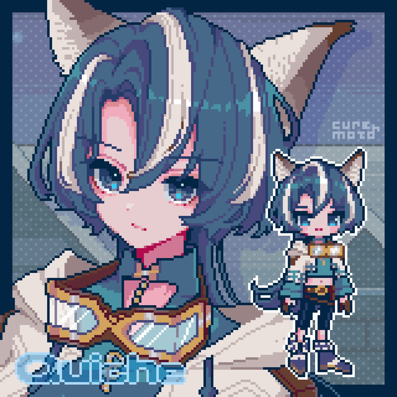 kyua moto, highres, 1girl, animal ears, artist name, blue border, blue eyes, blue hair, border, character name, expressionless, goggles, goggles around neck, jacket, kemono teatime, long hair, looking at viewer, multicolored hair, multiple views, outside border, quiche (kemono teatime), streaked hair, upper body, white jacket, wolf ears, wolf girl