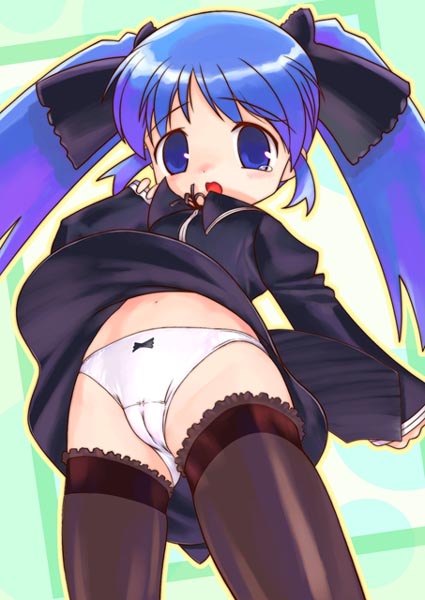 hechi, sakura (ukagaka), ukagaka, 1girl, blue hair, bow, bow panties, cameltoe, female focus, hair ribbon, loli, panties, ribbon, solo, thighhighs, twintails, underwear, upskirt, white panties