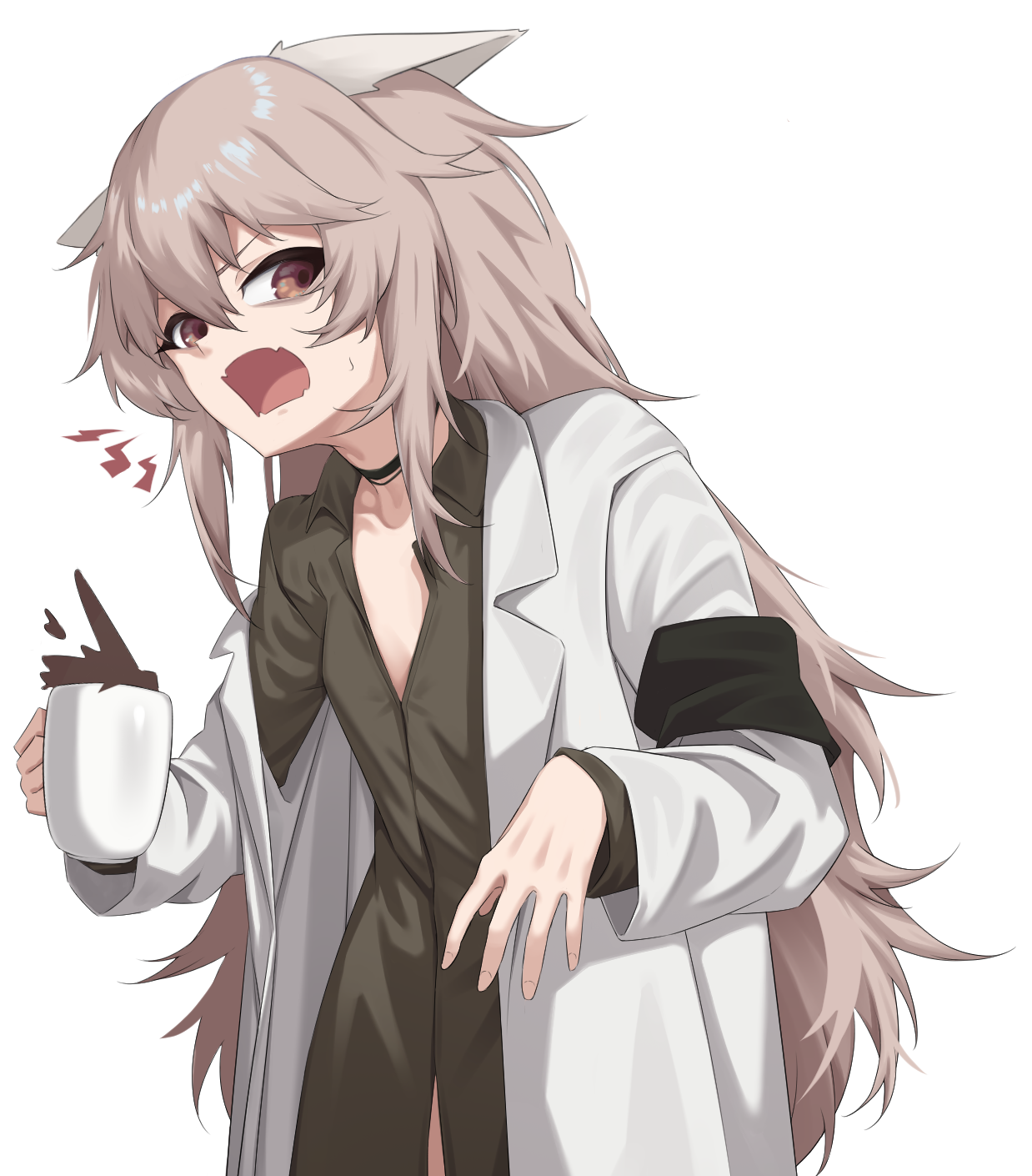act (xadachit), persica (girls' frontline), girls' frontline, girls' frontline 2: exilium, commentary, english commentary, highres, 1girl, animal ears, black choker, brown eyes, brown shirt, cat ears, choker, coat, coffee, cup, fake animal ears, fang, holding, holding cup, lab coat, long hair, looking at viewer, messy hair, pink hair, shirt, skin fang, sweatdrop, white coat