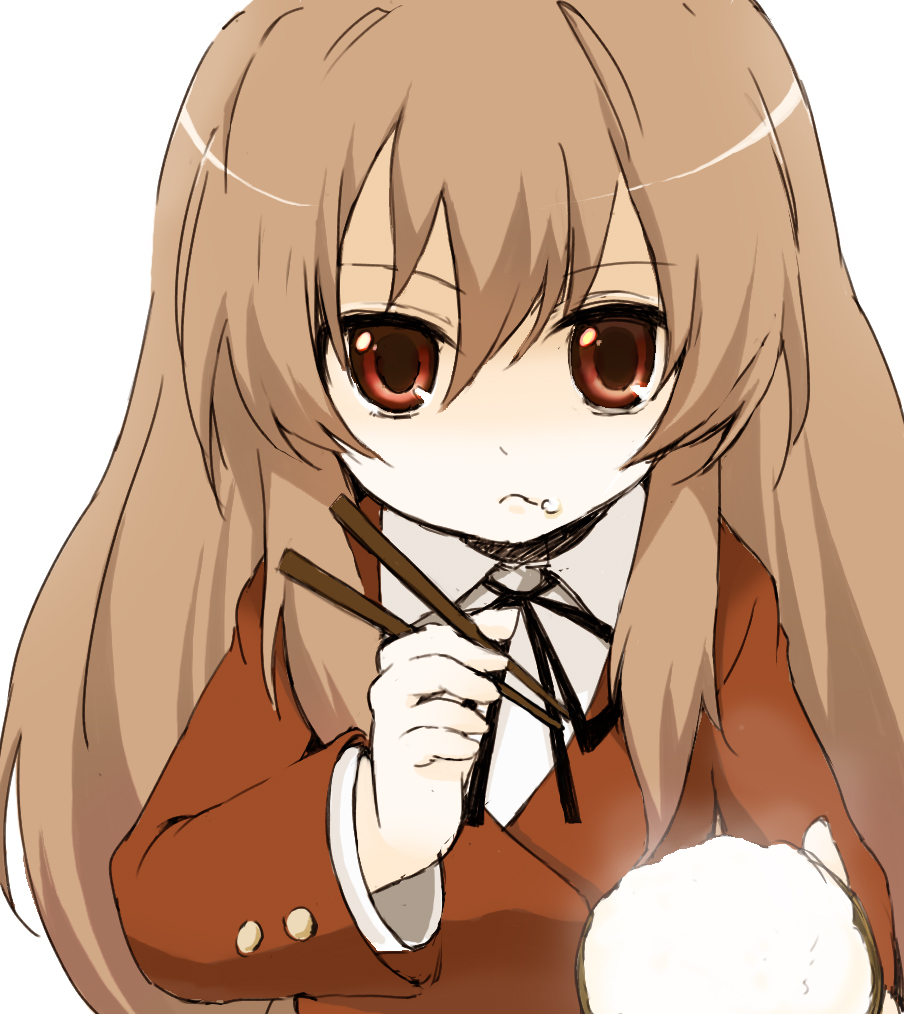 aisaka taiga, toradora!, 00s, brown hair, eating, red eyes, rice, school uniform, serafuku, solo