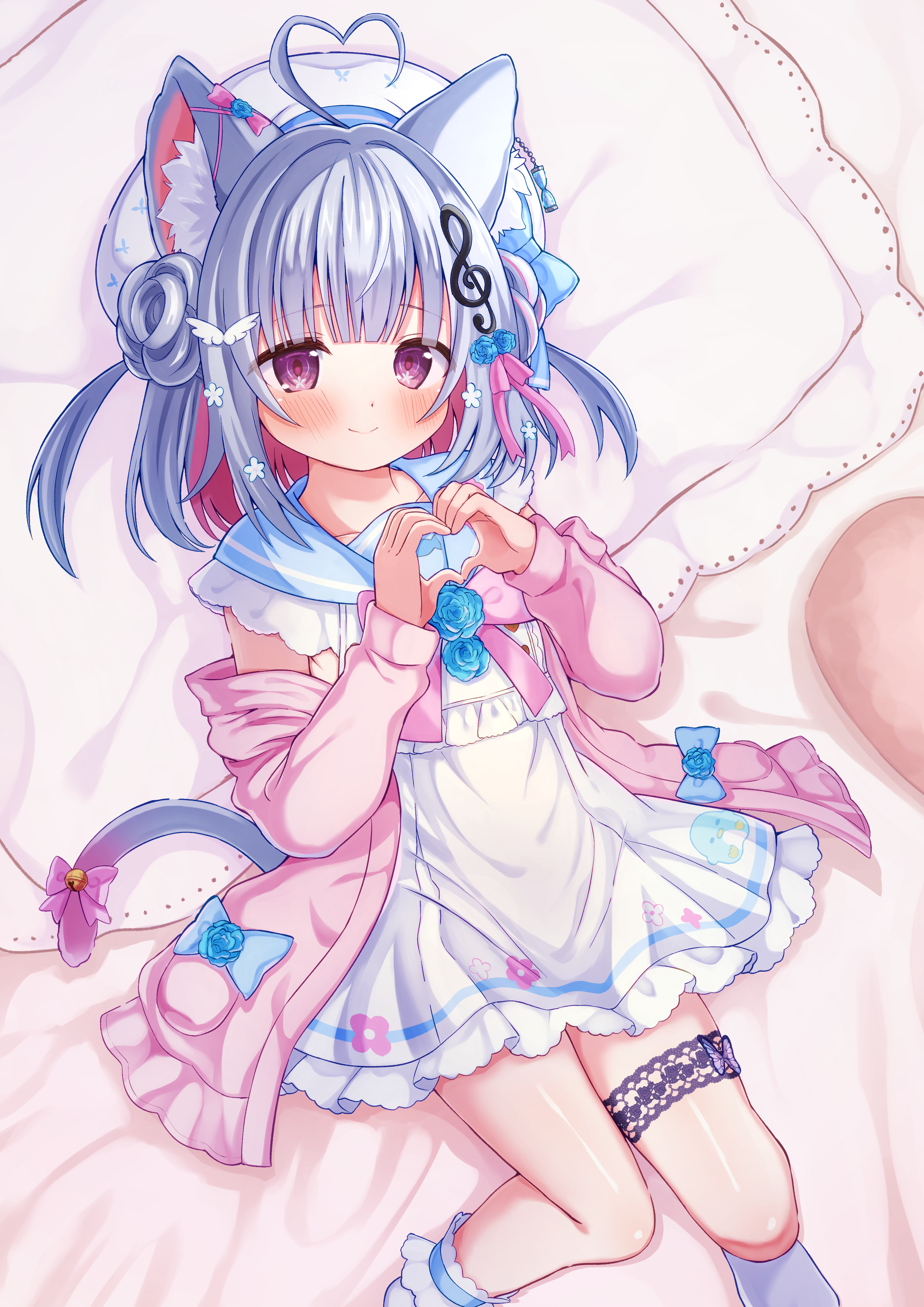 yozakura souki, katagiri aki, indie virtual youtuber, absurdres, highres, variant set, 1girl, ahoge, animal ear fluff, animal ears, bell, blue hair, blue sailor collar, bow, cardigan, cat ears, cat girl, cat tail, closed mouth, colored inner hair, dress, fortissimo, frilled sailor collar, frills, hair ornament, hat, heart, heart ahoge, heart hands, jingle bell, long sleeves, looking at viewer, lying, medium hair, multicolored hair, musical note, musical note hair ornament, off shoulder, on back, open cardigan, open clothes, pillow, pink bow, pink cardigan, pink hair, purple eyes, sailor collar, sailor dress, smile, socks, solo, tail, tail bell, tail bow, tail ornament, thigh strap, treble clef, two-tone hair, white dress, white hat, white socks
