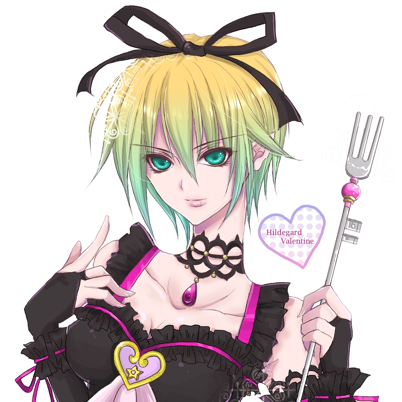 kudo raichi, raichi (quatsch), hildegard valentine, shadow hearts, shadow hearts from the new world, bad id, bad pixiv id, 1girl, black ribbon, blue eyes, choker, collarbone, female focus, fingerless gloves, fork, gem, gloves, gradient hair, green eyes, hair between eyes, hair ribbon, hairband, jewelry, lips, looking at viewer, multicolored hair, necklace, pendant, ribbon, short hair, simple background, solo, upper body