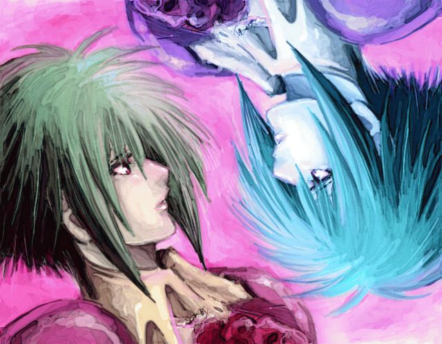 wari, wari (tyutyuna), asellus (saga frontier), saga, saga frontier, silver hair, bad id, bad pixiv id, 2girls, androgynous, black hair, collar, dual persona, expressionless, eye contact, green hair, looking at another, multiple girls, rotational symmetry, sidelocks, spiked hair, upper body, upside-down