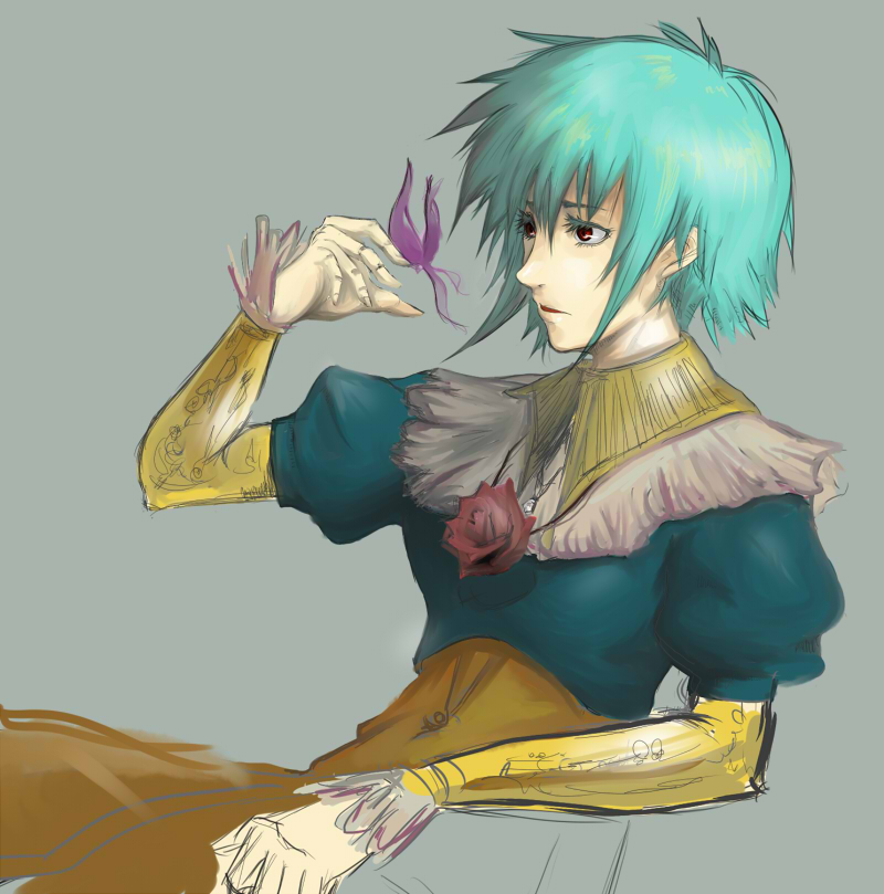 55, asellus (saga frontier), saga, saga frontier, 1girl, androgynous, animal, aqua hair, arm guards, bug, butterfly, butterfly on hand, dress, expressionless, feather trim, female focus, flower, green hair, grey background, insect, parted lips, red flower, red rose, rose, short hair, simple background, solo