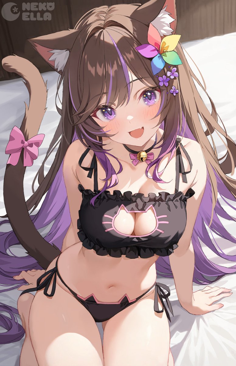 yahako, neko ella, indie virtual youtuber, commission, highres, second-party source, skeb commission, 1girl, animal ears, armpit crease, bare arms, bare shoulders, bell, black choker, bow, bra, breasts, brown hair, cat cutout, cat ear panties, cat ears, cat girl, cat lingerie, cat tail, choker, cleavage, cleavage cutout, clothing cutout, fang, flower, frilled bra, frills, hair flower, hair ornament, jingle bell, lingerie, long hair, looking at viewer, medium breasts, multicolored hair, navel, open mouth, panties, purple eyes, purple hair, side-tie panties, smile, solo, stomach, streaked hair, string panties, tail, tail bow, tail ornament, tail raised, thighs, two-tone hair, underwear, underwear only, very long hair, virtual youtuber