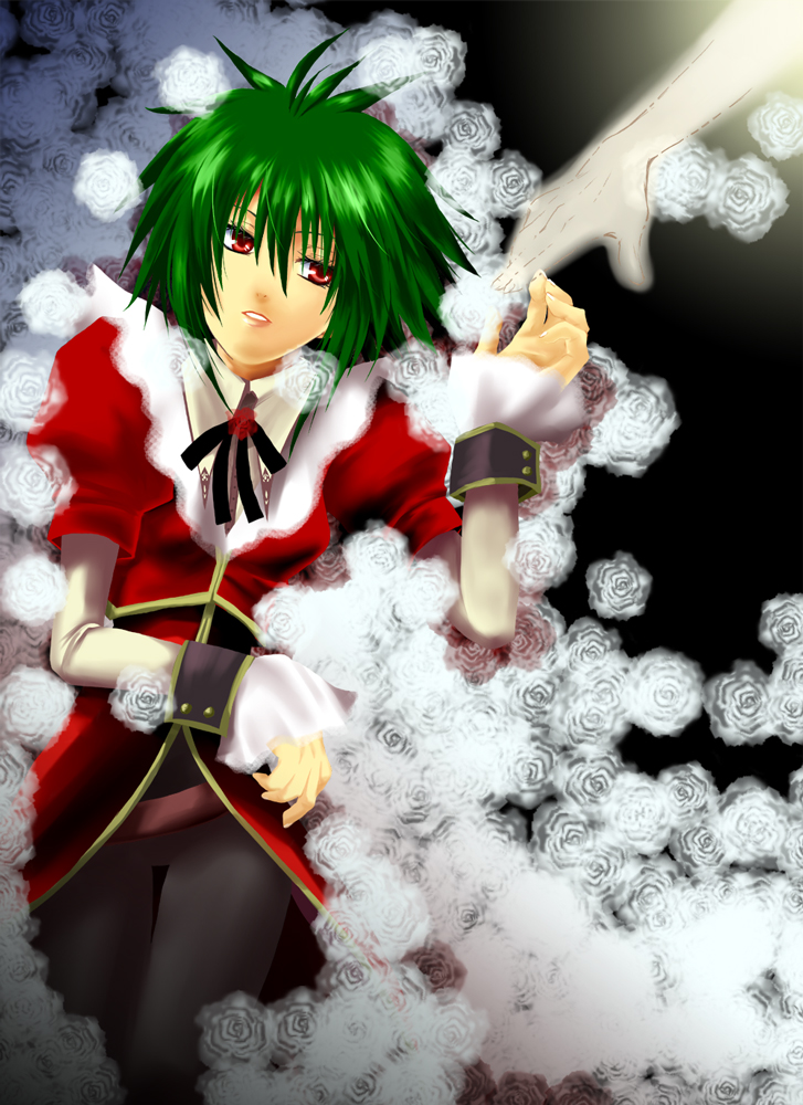 hoshikuzu, hoshikuzu miyu, selene (artist), asellus (saga frontier), saga, saga frontier, bad id, bad pixiv id, 1girl, androgynous, black ribbon, dress, female focus, flower, from above, green hair, long sleeves, looking at viewer, looking up, red dress, red eyes, ribbon, rose, short hair, solo, spiked hair, white flower, white rose