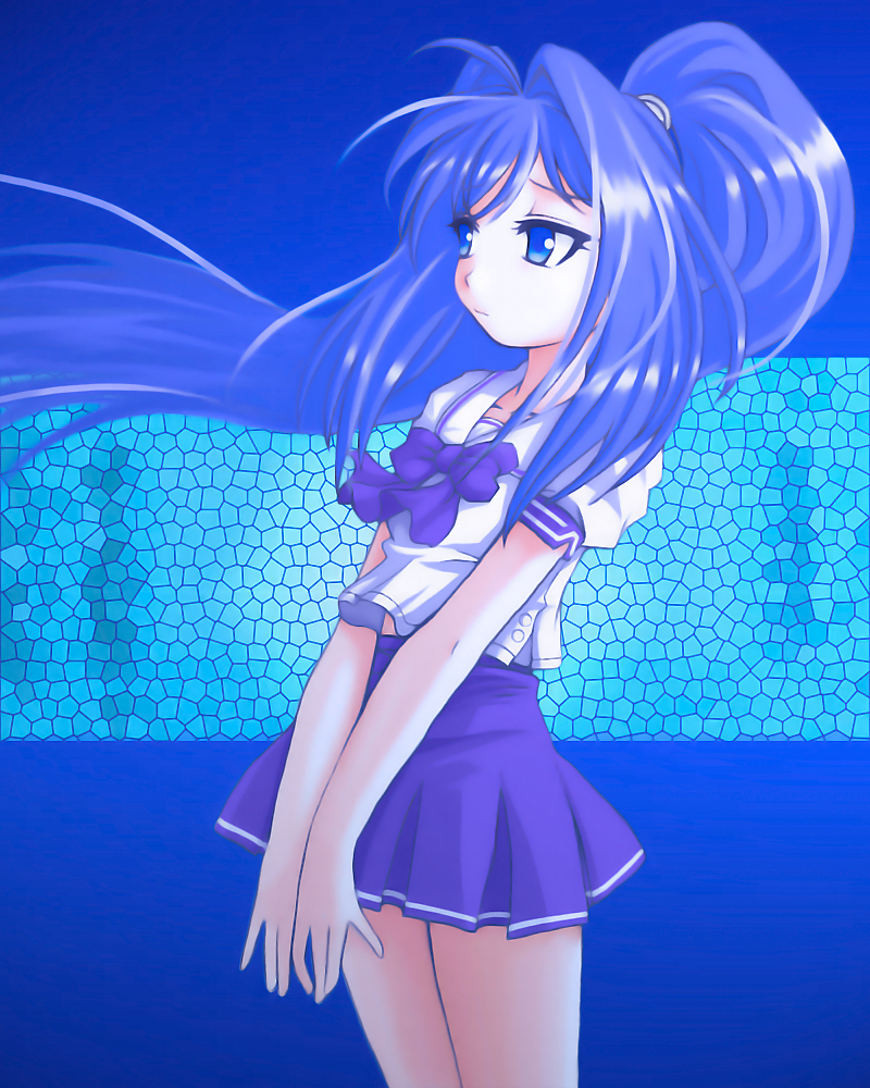ebi tendon, hayase mitsuki, kimi ga nozomu eien, 00s, 1girl, black bow, black bowtie, bow, bowtie, female focus, indoors, long hair, moonlight, night, own hands together, panties, pleated skirt, ponytail, purple eyes, school uniform, serafuku, shirt, short sleeves, skirt, solo, standing, underwear, v arms, very long hair, white shirt