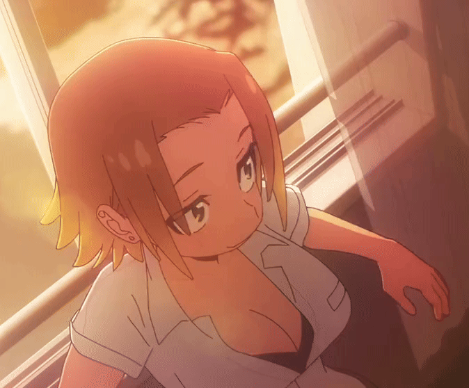 kasamaru aoi, ruri no houseki, animated, animated gif, tagme, 1girl, 2025, 20s, black bra, blonde hair, blush, bra, bra peek, breasts, brown eyes, brown hair, cleavage, collarbone, collared shirt, earrings, fang, gradient hair, jewelry, large breasts, multicolored hair, open mouth, parted bangs, partially unbuttoned, school uniform, shirt, short hair, short sleeves, summer uniform, underwear, white shirt, wind, window, window blinds