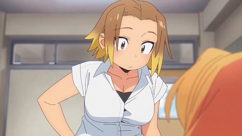 kasamaru aoi, tanigawa ruri, ruri no houseki, animated, animated gif, tagme, 2025, 20s, 2girls, black bra, blonde hair, bra, bra peek, breasts, brown eyes, brown hair, classroom, cleavage, collarbone, collared shirt, gradient hair, hand up, holding, large breasts, multicolored hair, multiple girls, open mouth, parted bangs, partially unbuttoned, school uniform, shirt, short hair, short sleeves, sleeveless, sleeveless shirt, summer uniform, underwear, white shirt