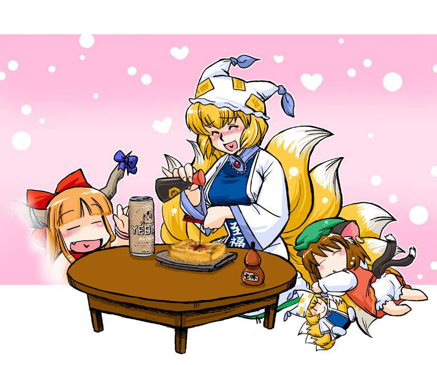 azuki osamitsu, chen, ibuki suika, yakumo ran, touhou, 3girls, :<, :d, ^ ^, aburaage, alcohol, animal ears, animal hat, beer, blonde hair, bloomers, brown hair, cat ears, cat girl, cat tail, chibi, closed eyes, doll, earrings, female focus, food, fox tail, hat, heart, heart in mouth, horns, hugging another's tail, hugging tail, jewelry, long sleeves, mob cap, multiple girls, multiple tails, open mouth, orange hair, pouring, ribbon, short hair, sleeping, smile, soy sauce, stuffed animal, stuffed toy, tail, tassel, tofu, underwear, wide sleeves