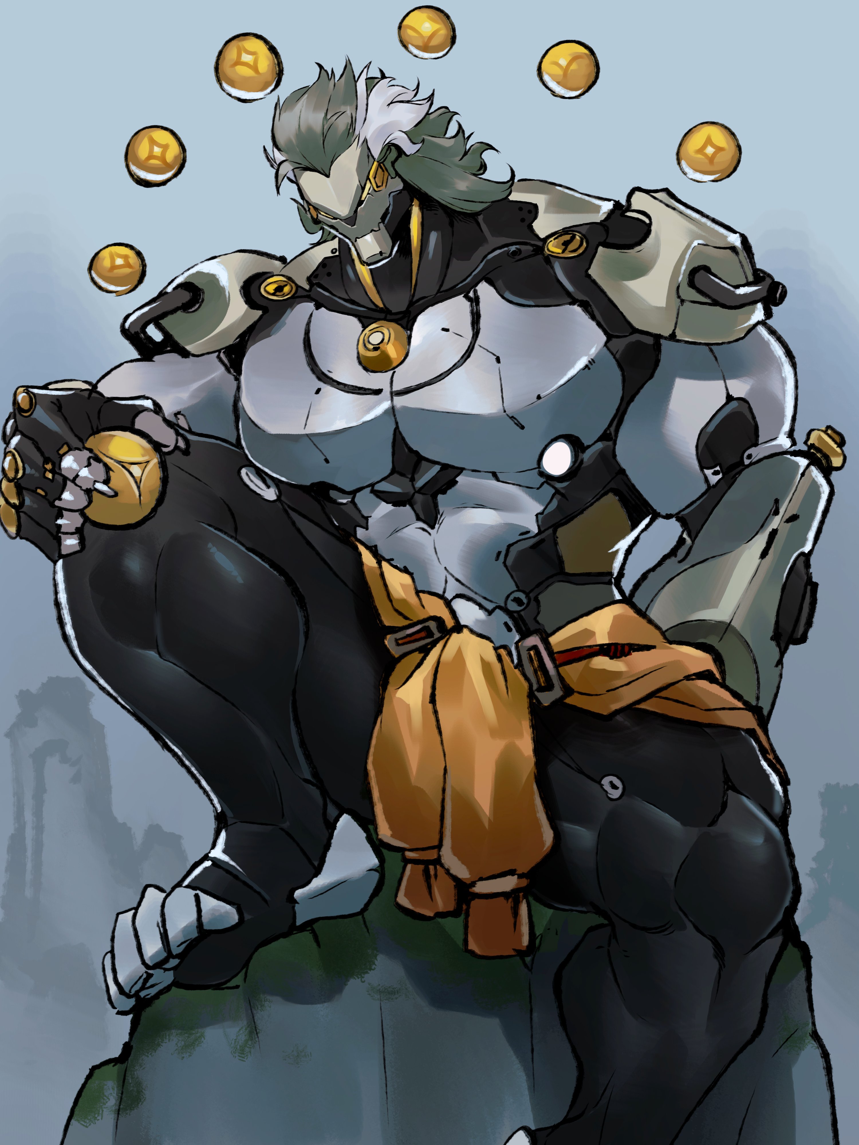 saury dog, zenless zone zero, absurdres, highres, 1boy, abs, banyue (zenless zone zero), bara, biceps, clothes around waist, grey hair, looking at viewer, male focus, muscular, muscular male, on rock, orb, pectorals, robot boy, sitting