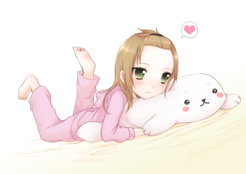 usashiro mani, original, bad id, bad pixiv id, 1girl, barefoot, brown hair, child, feet, female focus, forehead, green eyes, heart, lying, on stomach, pajamas, pillow, solo, the pose