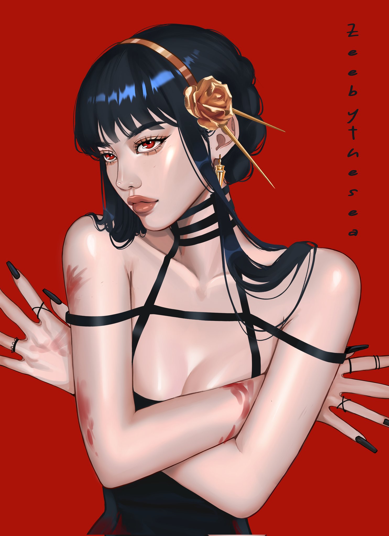 zeebythesea, yor briar, spy x family, highres, 1girl, artist name, asian, black dress, black eyeliner, black hair, black nails, blood, blood on arm, blood on clothes, blood on hands, bloody clothes, bloody dress, braid, braided bun, breasts, choppy bangs, cleavage, collarbone, crossed arms, dress, earrings, eyelashes, eyeliner, fingernails, flower hairband, gold earrings, gold hairband, hair bun, hairband, jewelry, long fingernails, long sidelocks, looking ahead, makeup, medium breasts, modeling, nail polish, open hands, red background, red eyes, sidelocks, simple background, spiked hairband, spikes, thick eyebrows, thick lips, upper body, very low bun