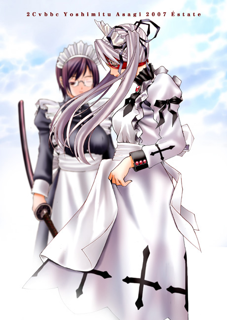 asagi yoshimitsu, original, cropped, md5 mismatch, 2girls, black hair, eyepatch, glasses, katana, maid, multiple girls, sword, twintails, weapon, white hair