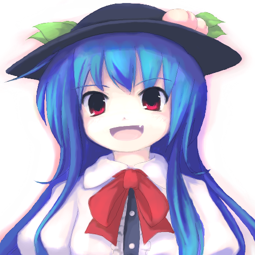 tsubasa (abchipika), hinanawi tenshi, touhou, lowres, 1girl, blue hair, fang, female focus, food, fruit, gradient background, hat, leaf, long hair, open mouth, peach, red eyes, smile, solo