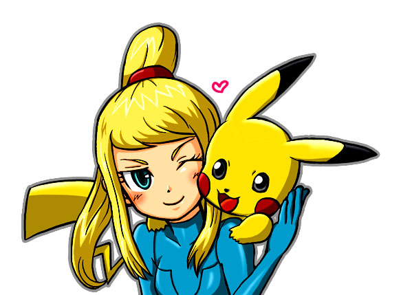 pikachu, samus aran, metroid, nintendo, pokemon, super smash bros., 1girl, :3, :d, ;), animal, aqua eyes, blonde hair, blush, blush stickers, bodysuit, breasts, carrying, couple, crossover, eye contact, gen 1 pokemon, gloves, green eyes, grey eyes, hand on another's head, happy, heart, high ponytail, light smile, long hair, looking at another, one eye closed, open mouth, outline, piggyback, pokemon (creature), ponytail, scrunchie, sidelocks, simple background, small breasts, smile, tail, turtleneck, upper body, white background, wink, zero suit