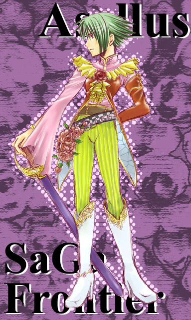 hidorin, asellus (saga frontier), saga, saga frontier, bad id, bad pixiv id, 1girl, androgynous, boots, character name, copyright name, female focus, flower, green hair, hand on own hip, high heels, red flower, red rose, rose, short hair, solo, sword, weapon