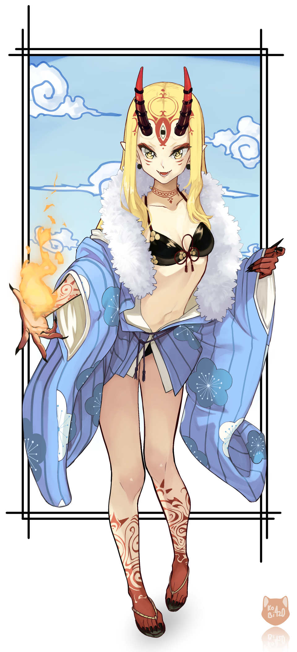 kobi420, ibaraki douji (fate), ibaraki douji (swimsuit lancer) (first ascension) (fate), fate/grand order, fate (series), ibaraki douji (swimsuit lancer) (fate), commentary, highres, 1girl, bare legs, bikini, black bikini, black claws, black nails, blonde hair, blue kimono, blue sky, border, breasts, collarbone, colored extremities, colored skin, earrings, eyeshadow, facial mark, fingernails, fire, forehead mark, full body, fur-trimmed kimono, fur trim, gift art, gradient horns, horn ornament, horn ring, horns, japanese clothes, jewelry, kimono, long hair, long sidelocks, long sleeves, looking at viewer, makeup, multicolored horns, multicolored skin, nail polish, navel, oni, open mouth, pointy ears, red eyeshadow, red horns, red skin, sandals, shoes, sidelocks, sky, small breasts, smile, solo, sphere earrings, standing, swimsuit, teeth, toenail polish, toenails, two-tone skin, white border, wide sleeves, yellow eyes, zouri