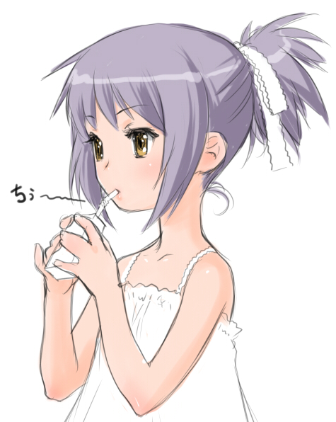 sano toshihide, nagato yuki, suzumiya haruhi no yuuutsu, light purple hair, silver hair, bad id, bad pixiv id, 00s, 1girl, alternate hairstyle, bow, brown eyes, camisole, dress, drink, drinking, female focus, food, hair ribbon, juice, juice box, pinky out, ponytail, portrait, purple hair, ribbon, short hair, solo, yellow eyes
