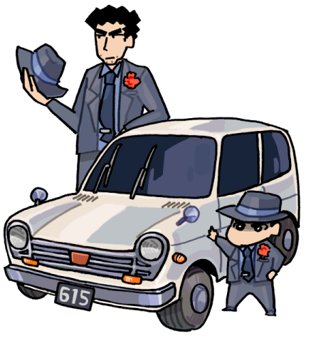 egawa kari nago, nohara hiroshi, nohara shinnosuke, crayon shin-chan, honda, bad id, bad pixiv id, lowres, 2boys, age difference, car, child, father and son, fedora, formal clothes, gangster, hat, honda n360, male focus, motor vehicle, multiple boys, serious, short hair, simple background, suit, vehicle focus, white background