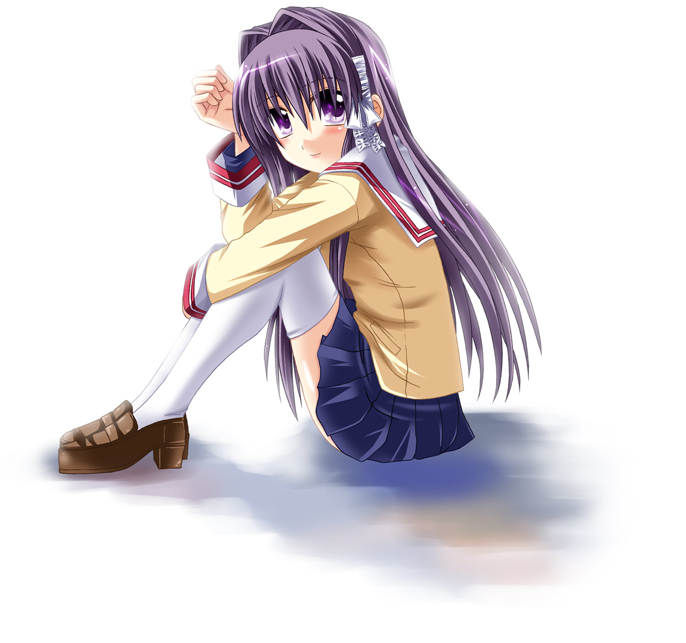 otoki raku, fujibayashi kyou, clannad, highres, 00s, hair ribbon, long hair, purple eyes, purple hair, ribbon, school uniform, serafuku, solo, thighhighs