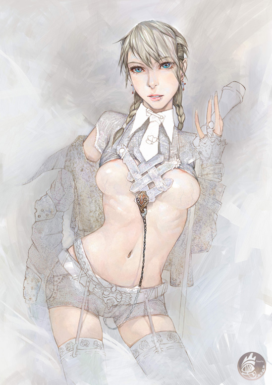amatiz, original, bad id, bad pixiv id, 1girl, blue eyes, braid, breasts, female focus, garter belt, large breasts, long hair, navel, nipple slip, nipples, shorts, solo, twin braids, underboob, white hair