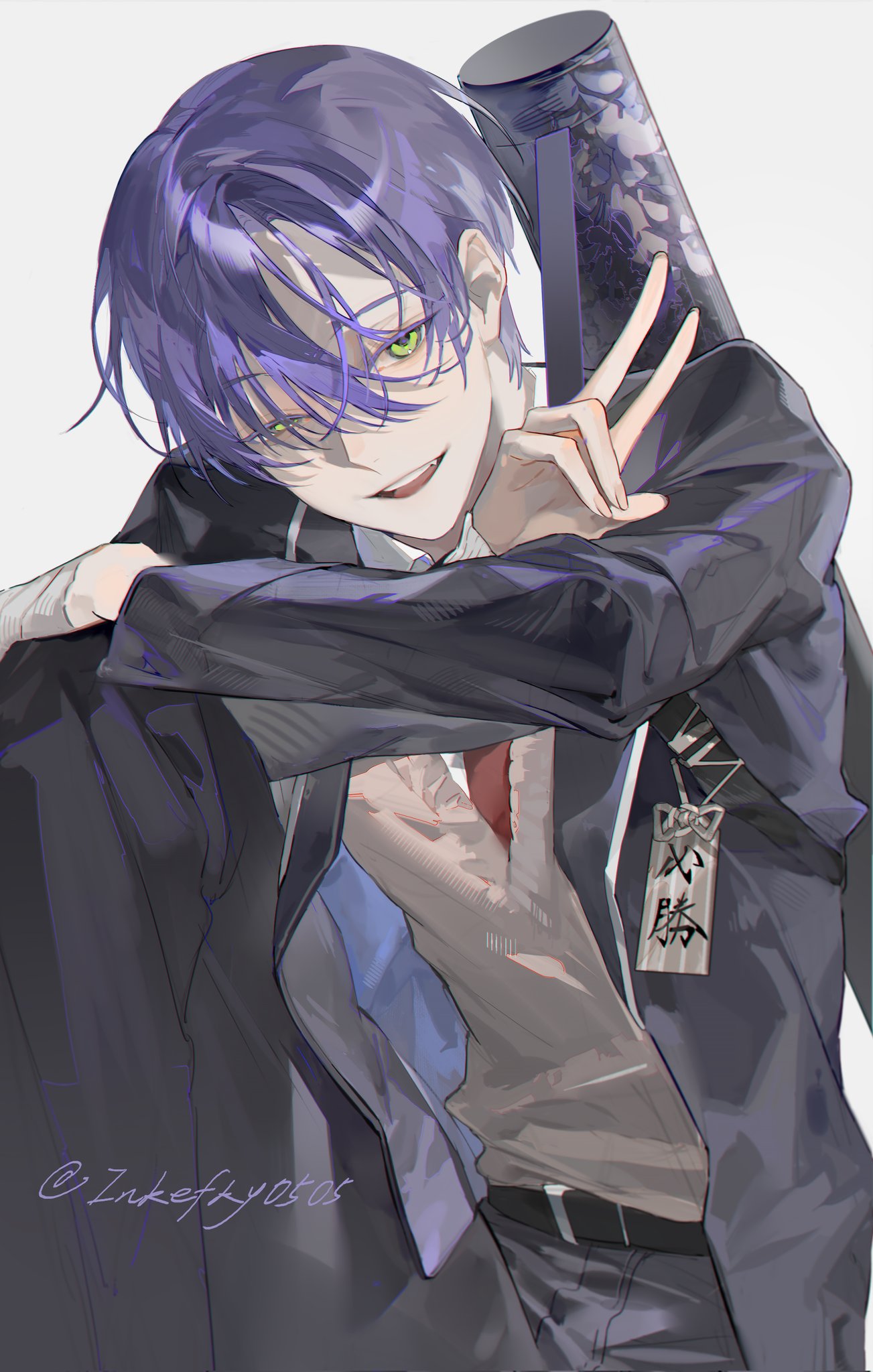 kenmochi touya, kenmochi touya (1st costume), nijisanji, highres, 1boy, asymmetrical gloves, belt, black belt, black jacket, black pants, blazer, gloves, green eyes, hair between eyes, half-closed eye, inkefky0505, jacket, looking at viewer, male focus, necktie, open clothes, open jacket, pants, purple hair, red necktie, school uniform, short hair, simple background, solo, twitter username, uneven gloves, v, virtual youtuber, white background