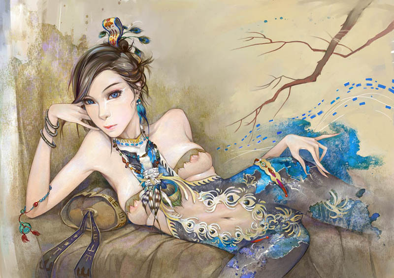 amatiz, original, bad id, bad pixiv id, 1girl, blue eyes, bracelet, breasts, brown hair, feathers, female focus, hair ornament, hand on own cheek, hand on own face, jewelry, leaning, nipples, short hair, solo