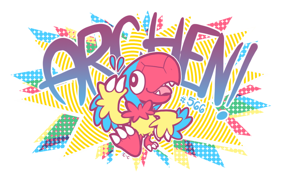 crayonchewer, archen, nintendo, pokemon, commentary, english commentary, black eyes, bright pupils, character name, claws, fangs, flying sweatdrops, full body, gen 5 pokemon, no humans, open mouth, outline, pokedex number, pokemon (creature), pokemon focus, solo, tongue, white outline, white pupils