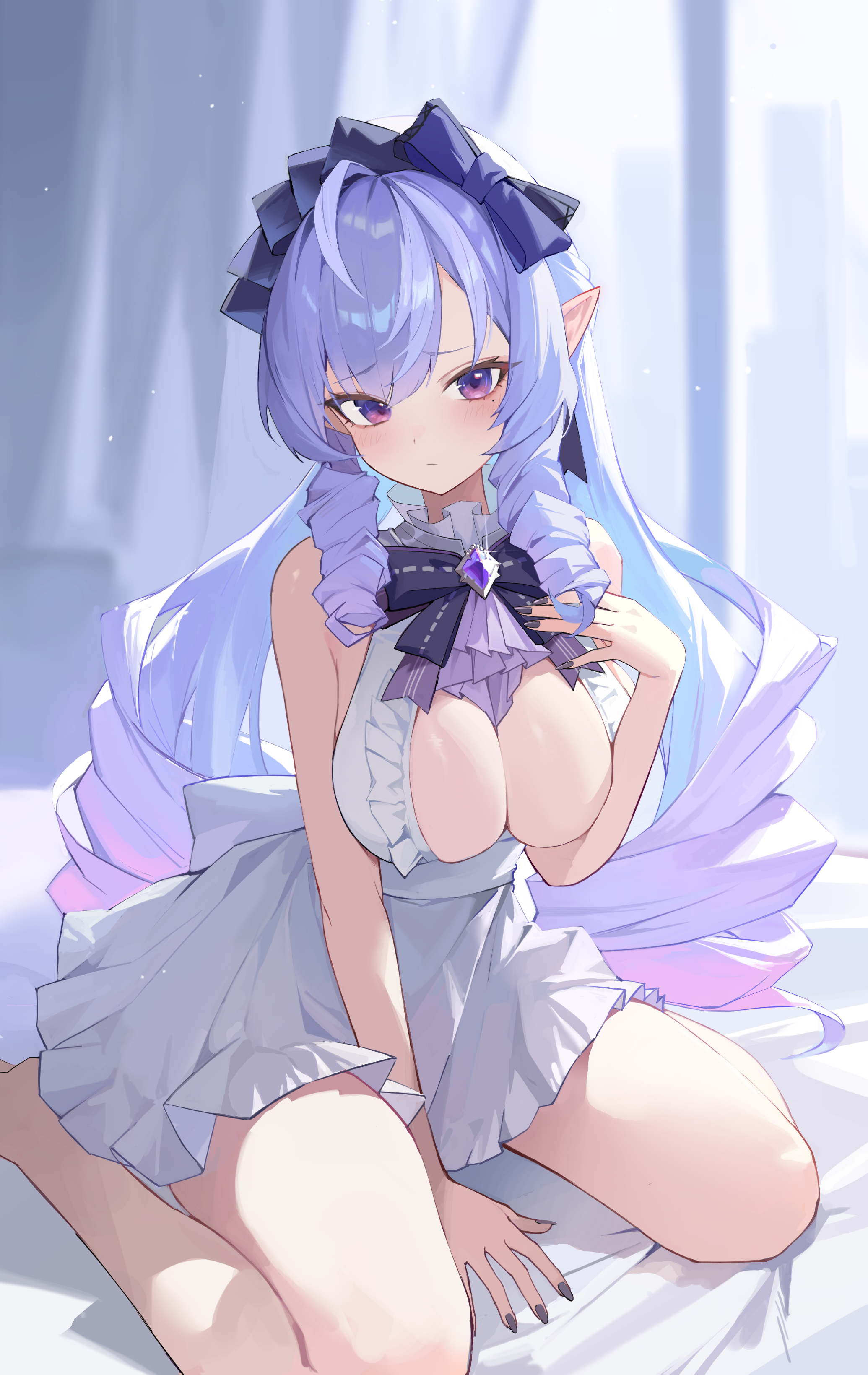 vivian banshee, zenless zone zero, absurdres, highres, 1girl, ascot, bare legs, bare shoulders, barefoot, black nails, blush, bow, bowtie, breasts, cleavage, closed mouth, collarbone, dress, drill hair, gem, hair ornament, hairband, indoors, large breasts, long hair, looking at viewer, mole, mole under eye, multicolored hair, noios, on bed, open clothes, pointy ears, purple ascot, purple bow, purple bowtie, purple gemstone, purple hair, purple hairband, red eyes, sitting, solo, thighs, very long hair, white dress