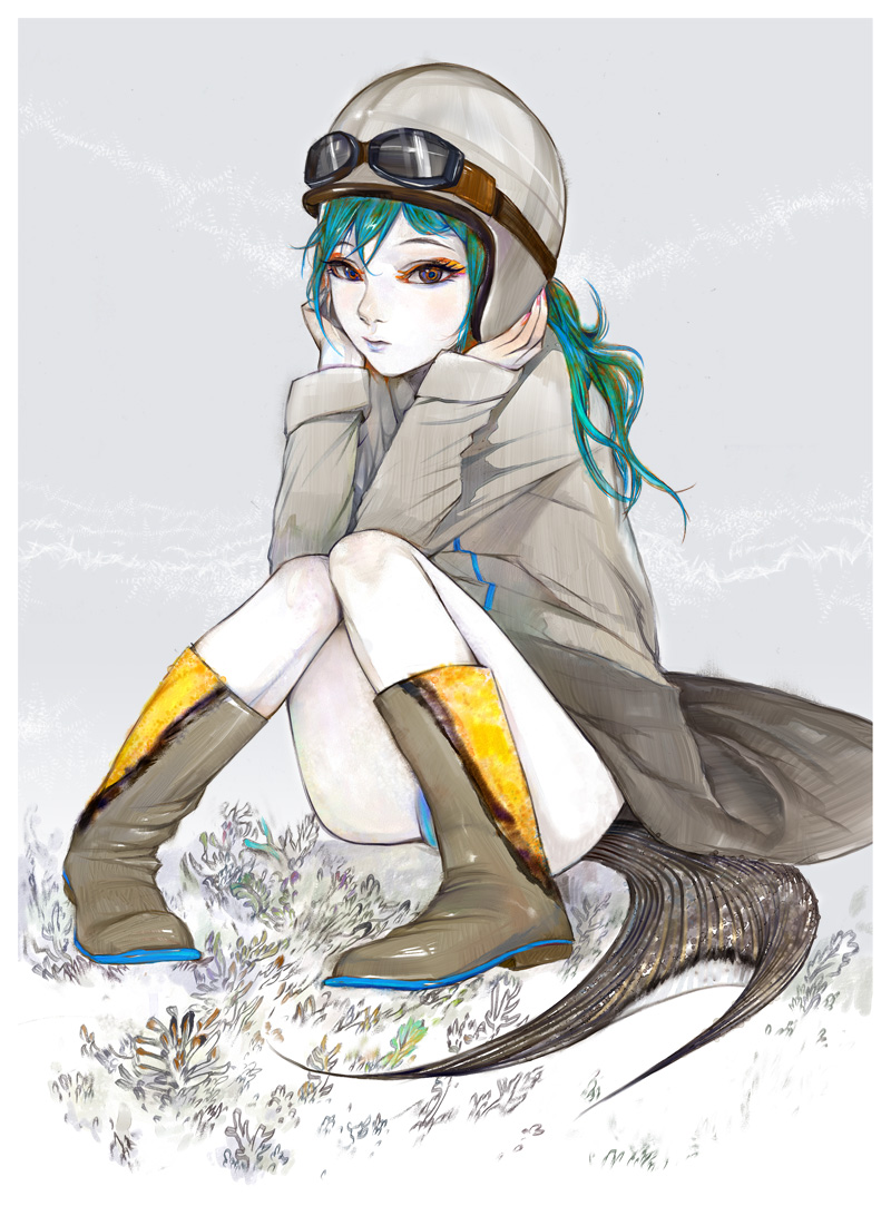 amatiz, bad id, 1girl, boots, colored skin, female focus, fins, fish tail, goggles, goggles on head, green hair, grey background, helmet, knees together feet apart, lipstick, long coat, looking at viewer, makeup, nail polish, pigeon-toed, pink nails, seaweed, sitting, snow, solo, tail, white skin