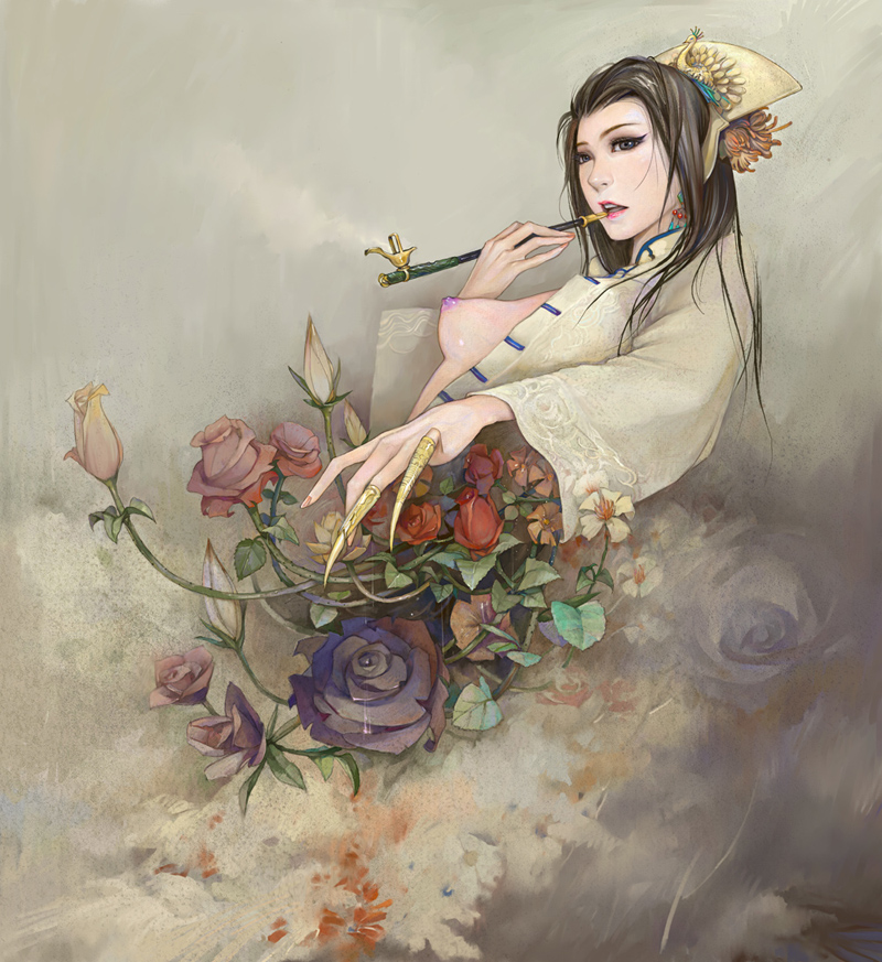 amatiz, bad id, bad pixiv id, 1girl, black hair, blouse, breasts, claw ring, female focus, flower, hair slicked back, holding, holding smoking pipe, kiseru, medium breasts, nipples, open clothes, open shirt, pipe in mouth, plant, shirt, smoke, smoking, smoking pipe, solo