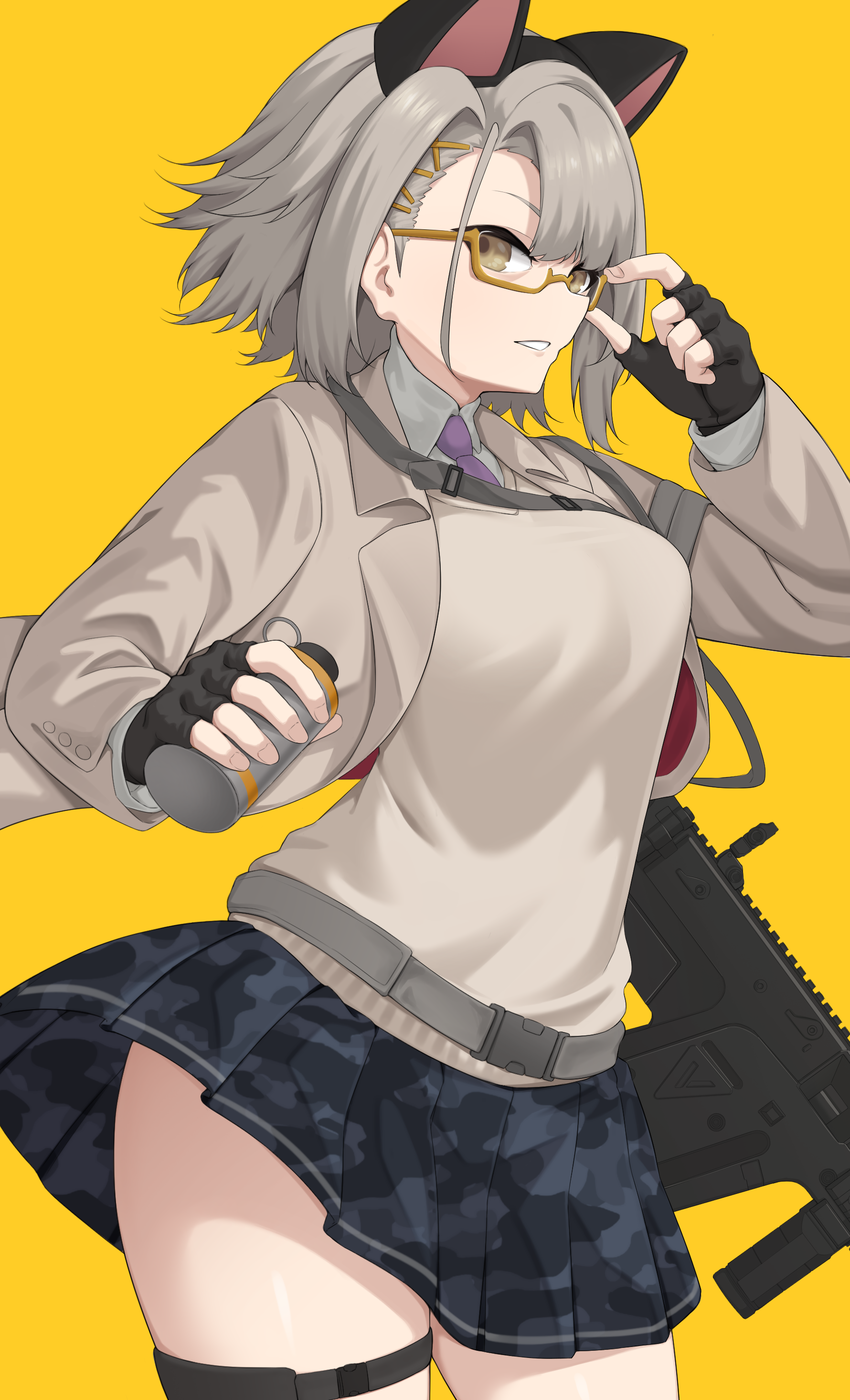 act (xadachit), vector (girls' frontline), vector (girls' frontline 2), vector (vivi sometimes hides her molotovs) (girls' frontline 2), girls' frontline, girls' frontline 2: exilium, absurdres, commentary, highres, 1girl, adjusting eyewear, animal ears, black gloves, blazer, brown jacket, brown vest, camouflage, camouflage skirt, cat ears, collared shirt, cowboy shot, dated commentary, explosive, fingerless gloves, from behind, glasses, gloves, grenade, grey hair, gun, holding, holding grenade, jacket, kriss vector, looking to the side, medium hair, miniskirt, necktie, official alternate costume, open clothes, open jacket, pleated skirt, purple necktie, school uniform, shirt, sideways glance, simple background, skirt, smile, solo, submachine gun, vest, weapon, white background, yellow-framed eyewear, yellow background, yellow eyes