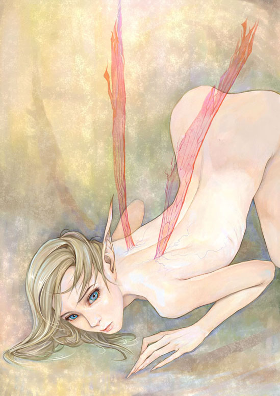 amatiz, bad id, bad pixiv id, blonde hair, blue eyes, fairy, nude, pointy ears, short hair, solo, veins, wings