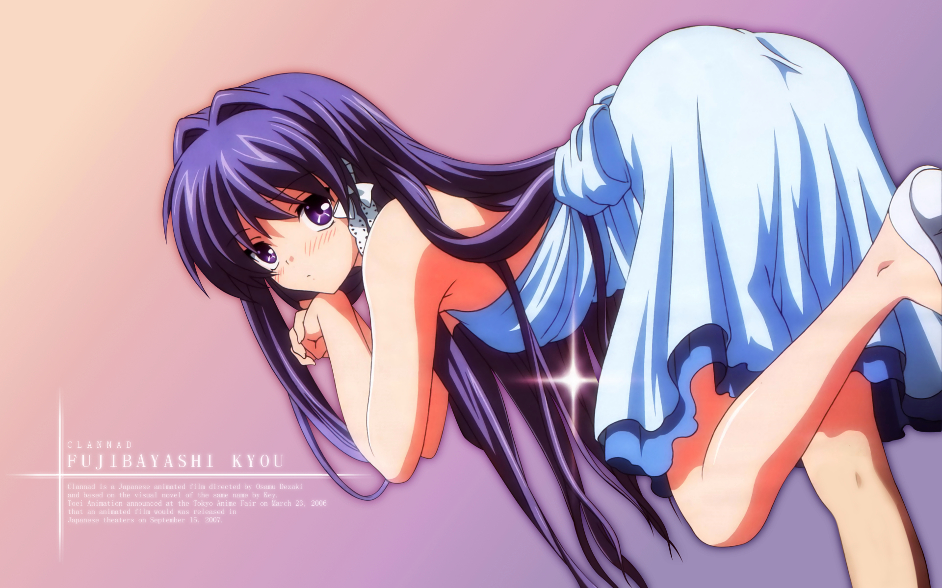 fujibayashi kyou, clannad, highres, 00s, 1girl, dress, female focus, hair ribbon, long hair, purple eyes, purple hair, ribbon, solo
