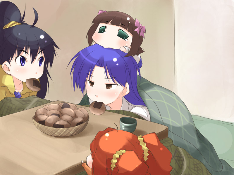 akane yuki, amami haruka, ganaha hibiki, haruka-san, kisaragi chihaya, takatsuki yayoi, yayo, idolmaster, idolmaster (classic), idolmaster 1, puchimasu!, 00s, 4girls, ahoge, blanket, chibi, food, kotatsu, mouth hold, multiple girls, senbei, table, twintails