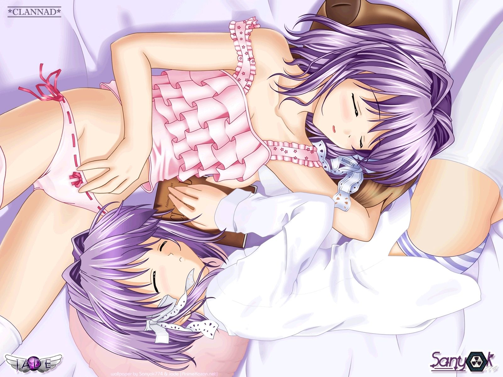 botan, fujibayashi kyou, fujibayashi ryou, clannad, striped, wallpaper, highres, spoilers, 2girls, hair ribbon, lingerie, long hair, multiple girls, panties, pink panties, purple hair, ribbon, short hair, siblings, sisters, sleeping, striped panties, twins, underwear, watermark